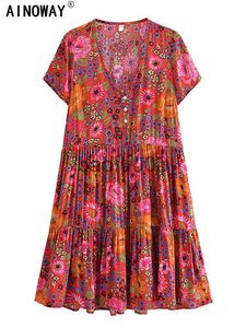 Casual Dresses Vintage Chic Women Short Sleeve Floral Print Fashion Beach Bohemian Mini Dress Ladies V-Neck Summer Rayon Cotton Boho Dresses J230619