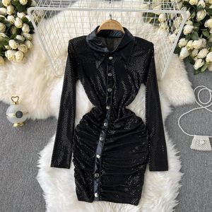 Casual Dresses Ins Fashion PU Leather Patchwork Slim Bodycon Party Club Dress Turn Down Collar Single Breasted Dot Sequins Shinning Shirt