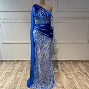 2023 ASO EBI Royal Blue Mermaid Prom Dress Pissinerad spetskväll Formell parti Second Reception Födelsedag brudtärna engagemangsklänningar klänningar Robe de Soiree ZJ420