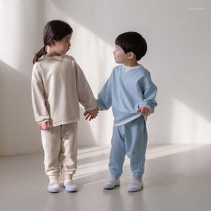 Kläder sätter koreanska breif pojkar girs bomull tröja set 2023 vårbarn barn träning baby barn toppar tröjor svettbyxor 2 st