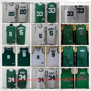 Vintage koszulki do koszykówki zszyte 33 Larry Bird Jersey 34 Paul Pierce Ray Allen Kevin Garnett Rajon Rondo koszulki białe zielone czarne retro oddychające koszulki sportowe