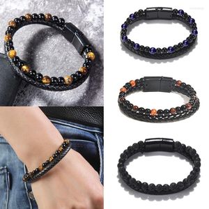 Bangle Cow Skin Rope Volcanic Natural Stone Tiger Eyes Beaded Bracelets For Women Men Weight Loss Health Care Magnetic Soul Jewelry
