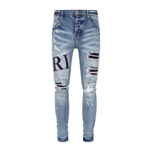 Designer Stack Jeans Europäische Lila Jean Männer Stickerei Quilten Zerrissene für Trend Marke Vintage Hose Herren Falten Slim Skinny Fashion747