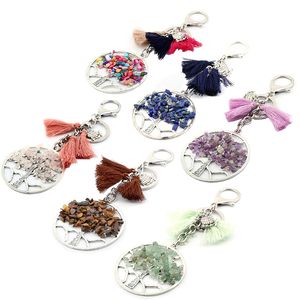 Natural Gravel Life Tree Keychain Crystal Stone Tassel Keychain Bag Decoration Pendant Keyring Key Chains