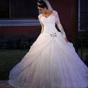 Abiti da sposa vintage in pizzo bianco con maniche lunghe e maniche lunghe Primavera Autunno Principessa Abiti da sposa da giardino increspati Vestidos de Novia159f