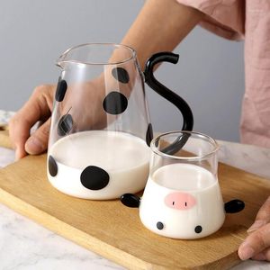 Garrafas de água bonito jarro de vidro em forma de vaca resistente ao calor Bule de chá de desenho animado e conjunto de copos água/leite chaleira fria café