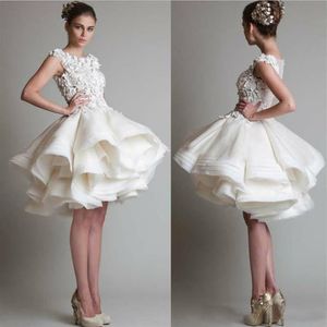 Short Lace Cascading Ruffles Gown Wedding Dress Bateau Cap Sleeves Backless Knee Length A-line Chiffon Beach Bridal Gowns Custom M3430