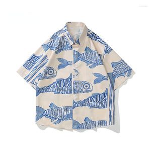 Мужские повседневные рубашки мода маленькие рыбные печати персонализированные мужские шорты для летней негабаритной жареной улицы в американском стиле