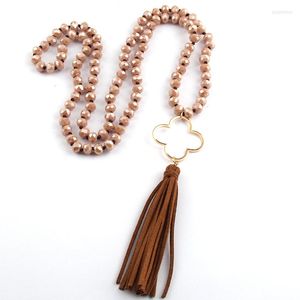 Pendant Necklaces Fashion Knotted Halsband 8mm Brown Crystal Beads Tassel Necklace