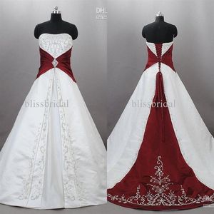 ジュノエスクストラップレスサテン刺繍赤と白のウェディングドレスZuhair Murad Lace with Sweep Train Bridal Wedding Gowns Cust2373