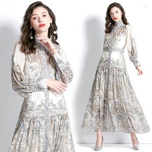 Casual Dresses Holiday Style Lantern Long Sleeve Printed Slim A-line Dress Women Vintage Robe 2023 Spring Autumn Maxi Vestidos Cortos