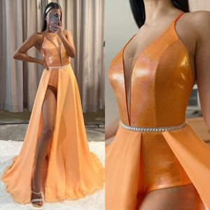 セクシーなオレンジ色のウエディングドレスプランジングvネックスパンコールパーティーイブニングドレスを分割したフォーマルな長い特別な機会ドレス