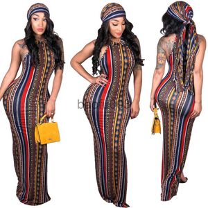 Casual Dresses 2021 Summer New Elegant Temperament Lady Wild Fashion Sexy Striped Bohemian Print Casual Dress with Turban J230619