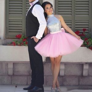 Shiny Silver Sequins Halter Short Homecoming Dresses A-Line Tulle Arabic Mini Graduation Cocktail Formal Prom Party Gown