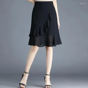 スカート韓国ファッション女性ブラックシフォンハーフサマーオフィスレディエラスティックハイウエストフリルオールマッチスリムフィッシュテイルスカート