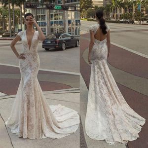 Crystal Design Mermaid Wedding Dresses Deep V Neck Back Hollow Dresses Brudklänningar Lace -paljetter abiti da sposa vestido de novia342d