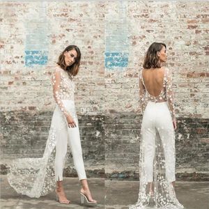 2020 Designer Jumpsuit Beach Wedding Dresses Jewel Neck Long Sleeve Backless Ankle Length Bridal Outfit Summer Wedding Gowns Two P277G