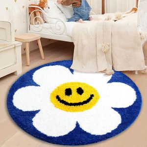 Carpets Sunflower Blue Round Tufted Bedroom Rug Soft Fluffy Mat Bedside Carpet Floor Anti Slip Pad Aesthetic Home Room Decor