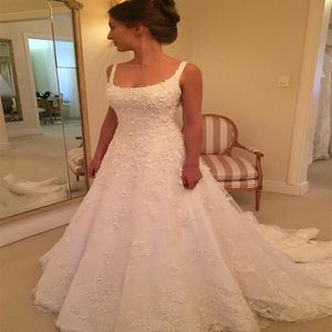 Romantische Spitze Mode Neueste Tüll Square Neck A-Linie Brautkleider Prinzessin Open Back Lange Brautkleider Nach Maß Moderne Appl282l