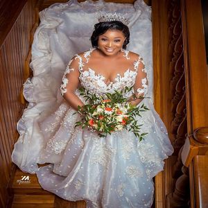 2020 Plus Size Arabic Aso Ebi Luxurious Lace Beaded Wedding Dresses Vintage Sheer Neck Bridal Dresses Long Sleeves Wedding Gowns Z239n