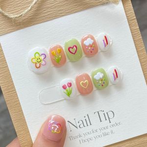 Unhas Postiças Feitas à Mão Kawaii Prensa em Unhas Curtas Bonitas Partysu Pintura à Mão Adesivo Reutilizável Unhas Postiças Acrílico Cobertura Total Pontas de Unhas para Menina 230619