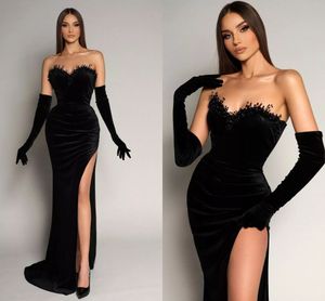 Arabic Black Mermaid Prom Dresses Long for Women Sweetheart Velvet Backless Beads High Side Split Formal Occasion Evening Pageant Birthday Party Gowns no gloves