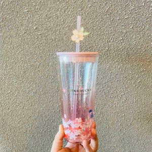 Starbucks cup cherry blossom season 591ml bird singing and flower fragrance pink transparent double glass straw cup