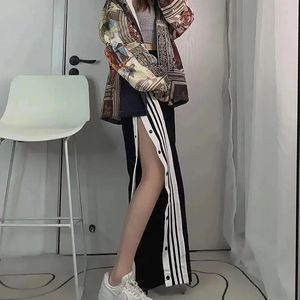 MEXZT Y2K Striped Joggers Sweatpants Women Button Slit Baggy Wide Leg Pants Streetwear Elastic High Waist Loose Casual