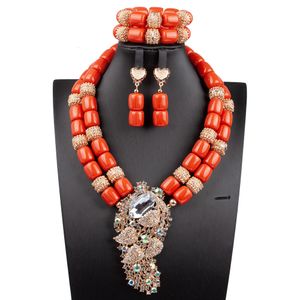 Earrings Necklace Artificial Coral African Beads Jewelry Set Big Brooch Double Layers Nigerian Wedding Costume WE320 230619