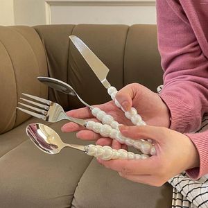 Dinnerware Sets Ceramic Pearl Handle Fork Spoon Knife Cutry Set Silver Stainless Steel Tableware Kitchen Dinner Holiday Gift