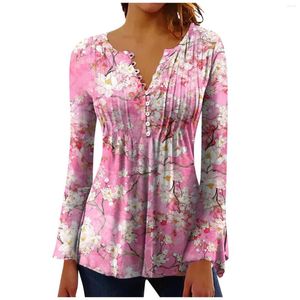 Kvinnors T -skjortor Kvinnors skjorta Blus ljusblå vit rosa blommig knapptryck Långärmad avslappnad semester Basic V Neck Regular 2023