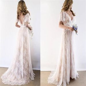 Boho Beach Wedding Dress 2020 V Neck Cap Sleeve Lace Beach bröllopsklänning Billig Backless Custom Made A-Line Bride Dresses316C