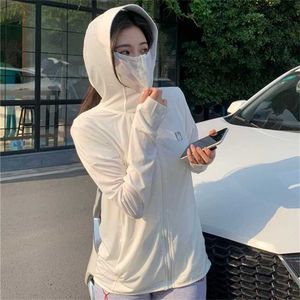 UPF50+Ice Silk Sun Protection Clothing Women's Summer Hooded Rabbit Shirt UV Breattable Coatt2ui