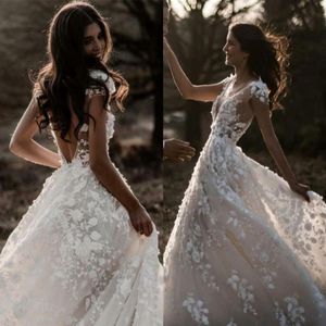 Abiti da sposa bohémien in pizzo romantico Primavera Estate Boho Sexy aperto indietro in pizzo Tulle Una linea Abiti da sposa 3D Appliques Robe de marri243o