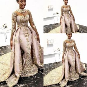 2021 Luxury African Mermaid Wedding Dresses Formella brudklänningar Långa ärmar High Neck Gold Lace Appliques Löstagbart tåg Oversk304K