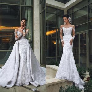 Dubai Arabic Luxury Off Shoulder Mermaid Wedding Dresses With Detachable Train Long Sleeves Lace Applique Beaded Wedding Dress Bri162c