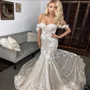 2021 Sexy Berta Off Shoulder Mermaid Wedding Dresses Lace 3D Applique Sweep Train Backless Custom Made Bridal Gowns robe de mariee3282