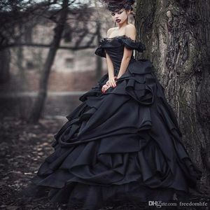 Vintage Gothic Black Ball Gown Lace Wedding Dresses Off Shoulder Ruffles Draped Tiered Skirt Luxury Plus Size Wedding Dress Bridal343e