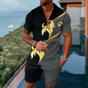 Agasalhos masculinos retrô polo conjunto verão shorts masculinos de atletismo impressão 3d lapela zíper conjunto camisa casual moda roupas de rua roupas masculinas 230617