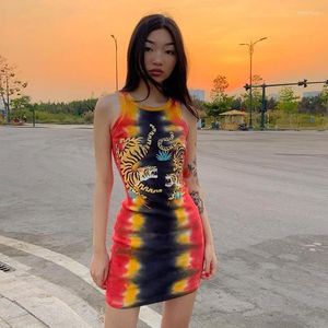 Casual Dresses Punk Tie Dye Sleeveless Graphic Mini Ribbed O-Neck Tiger Printing Bodycon Party Dress E-Girl Rave Summer