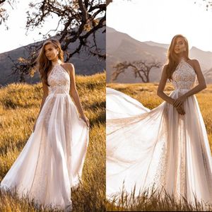 Crystal Design 2020 A Line Suknie ślubne Wysoka szyja koronkowa aplikacja Boho Bridal Sukni