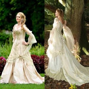 Vintage gotiska bröllopsklänningar prinsessor korsett tillbaka långärmad land trädgård bröllopsklänning keltisk renässans cosplay boho brida186i