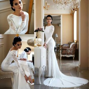 Modest Satin Mermaid Wedding Dresses Long Sleeves Lace Applique Beaded Sweep Train Boho Wedding Dress Bridal Gowns Plus Size2390