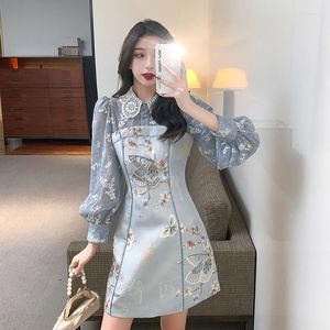 Casual Dresses Spring 2023 French Beaded Lace Lapel Lantern Sleeve Chinese Style Printed Embroidered Cheongsam Modern Dress Vestidos