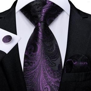 Bow Ties Purple Paisley Luxury Men Silk Tie Set Handduk Manschettknappar Business Wedding Party Accessories 8cm Wide Neck Gift