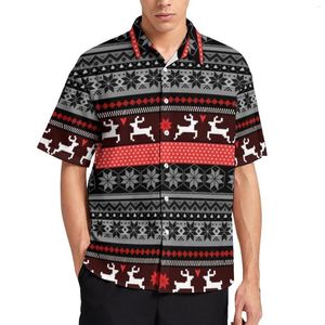 Men's Casual Shirts Nordic Animal Beach Shirt Red Fair Isle Pattern Hawaiian Men Cool Blouses Short Sleeve Design Clothing Plus Size