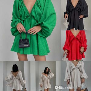 Mode-Sommerkleid 2023 Trend Sexy tiefer V-Ausschnitt Langarm-Minirock mit gestalteten Blasenärmeln und großen Swing-Kleidern für Frauen