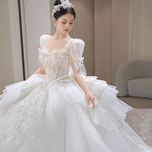 Arabiska dubai kvinnors bröllopsklänning 2023 skopa korta ärmar pärlor kristall spetsar ruffles puffy prinsessan brud klänning vestidos de novia skräddarsydd