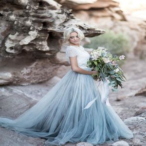 2019 Bohemian Colored Wedding Dresses Short Sleeve Jewel Neck A Line Soft Tulle Cap Sleeve Boho Lace Light Blue Bridal Gowns2339