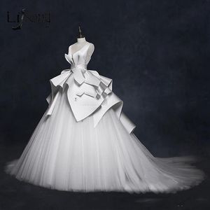 Elegant Satin And Tulle Wedding Dresses Sexy Backless Lace Up Bridal Gowns Ruched Sweep Train Wedding Vestidos Custom Made Ball Go277z